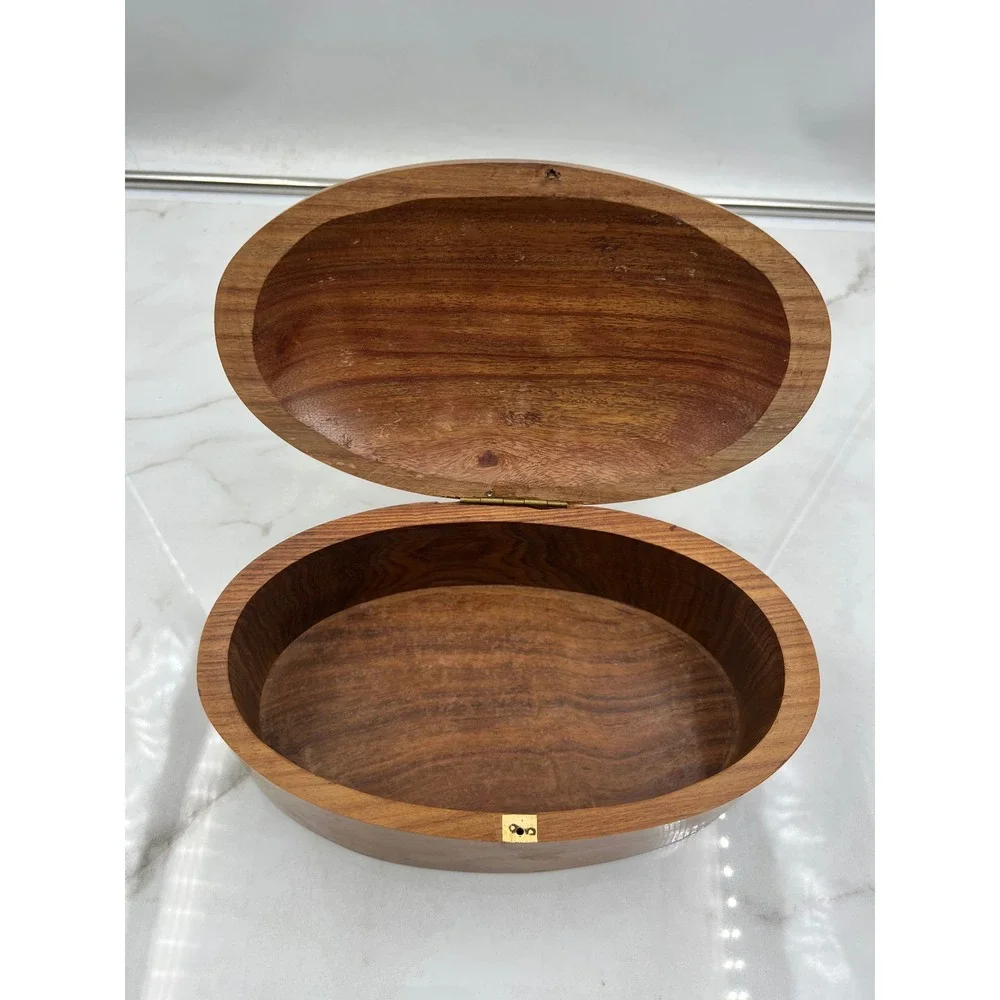 Handcrafted Oval Wood Jewelry Keepsake Box Natural Grain Hinged Lid 10.5 Inch - Picture 7 of 11